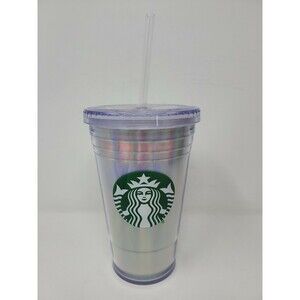STARBUCKS Rainbow Iridescent 2018 Holographic Cold Cup Tumbler Silver 16oz